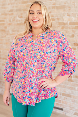 Lizzy Top in Hot Pink and Turquoise Ditsy Floral
