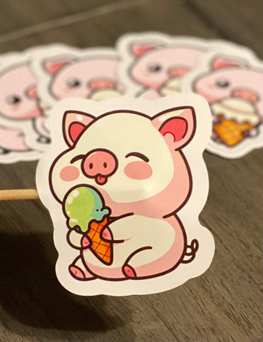 Pig with Green Ice cream Die Cut Stickers