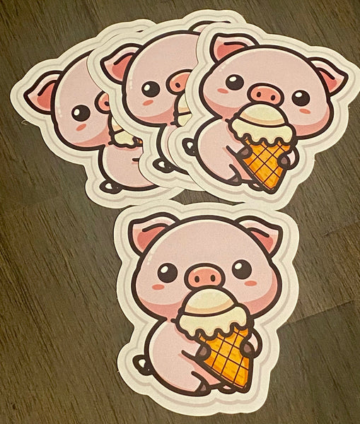 Pig with Ice Cream Die Cut Sticker