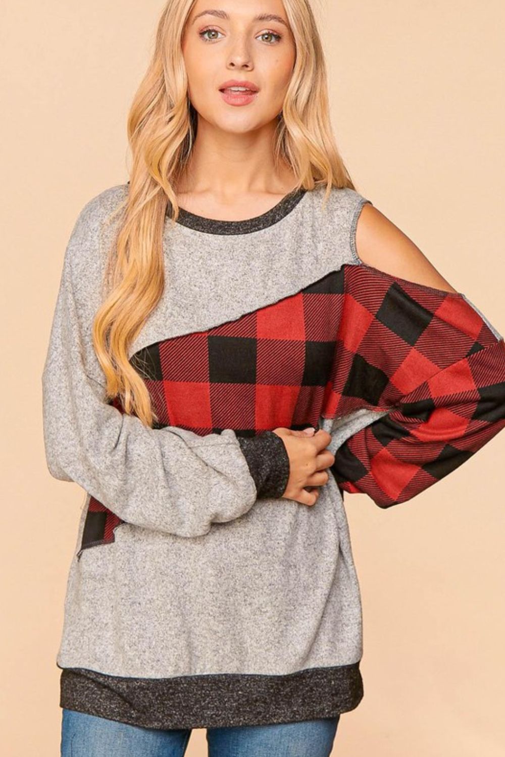 Haptics Plaid Block Cold-Shoulder