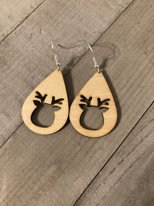 Wood Reindeer Teardrop Earrings
