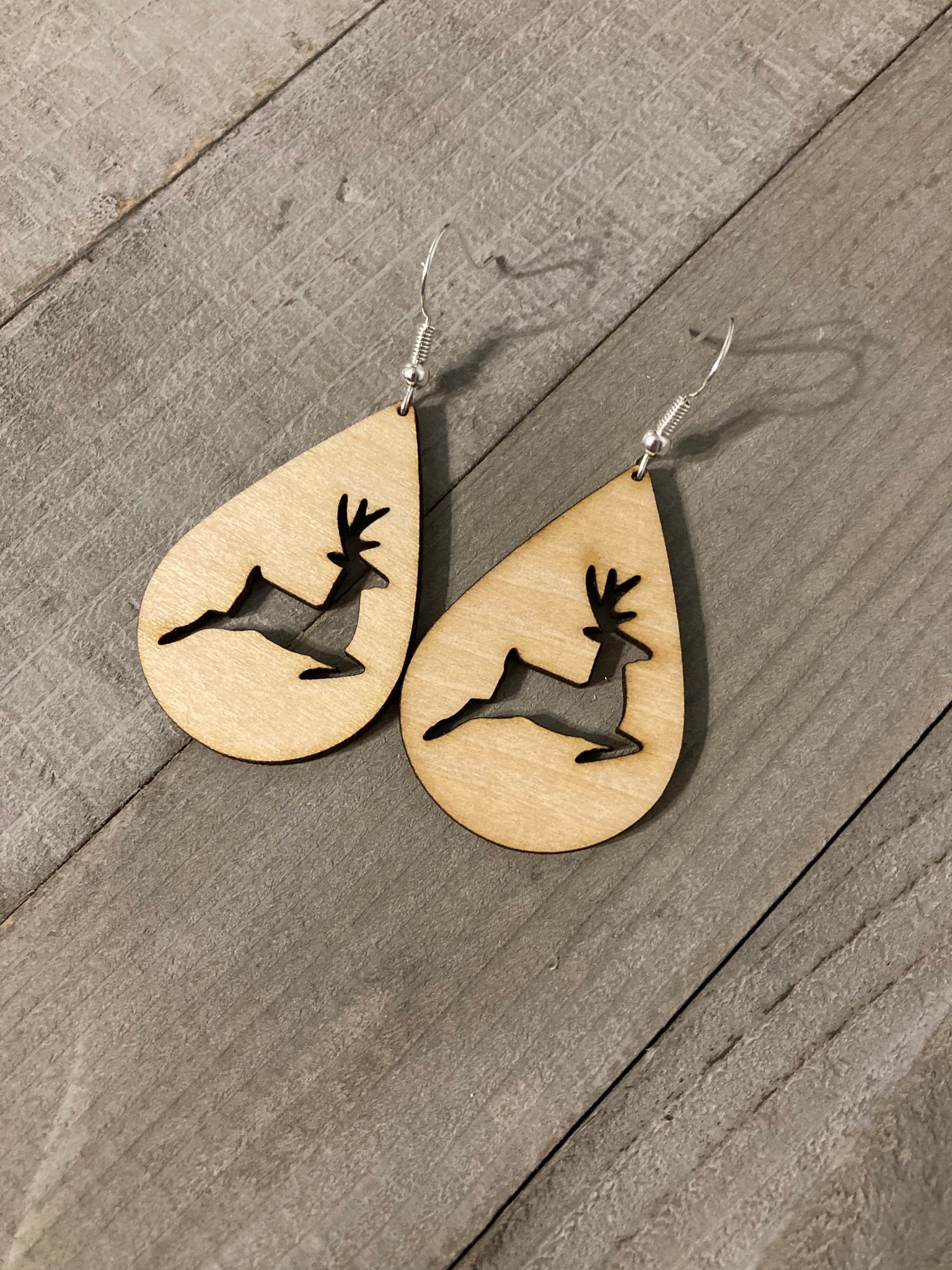 Wood Running Reindeer Teardrop Earrings
