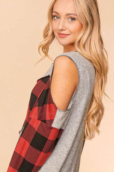 Haptics Plaid Block Cold-Shoulder